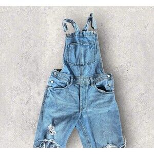 &denim Women's Size 4 Bib Overalls Intentionally Distressed Denim Blue Jean
